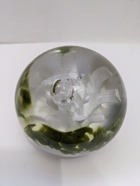 Hand Blown Glass Floral Paper Weight Artisan Signed Bali Decor Green White